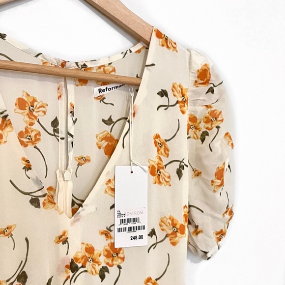 Reformation Cosa Floral V Neck Short Sleeve Midi Dress in Yellow Limonada - Picture 12 of 16